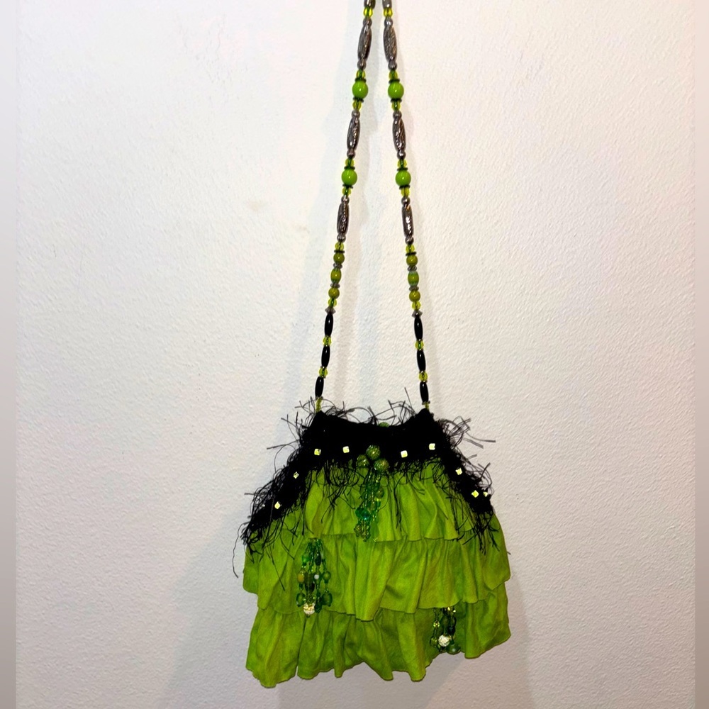 Y2K Handmade Beaded Fairycore Ruffle Bag – Green / Glass Beads